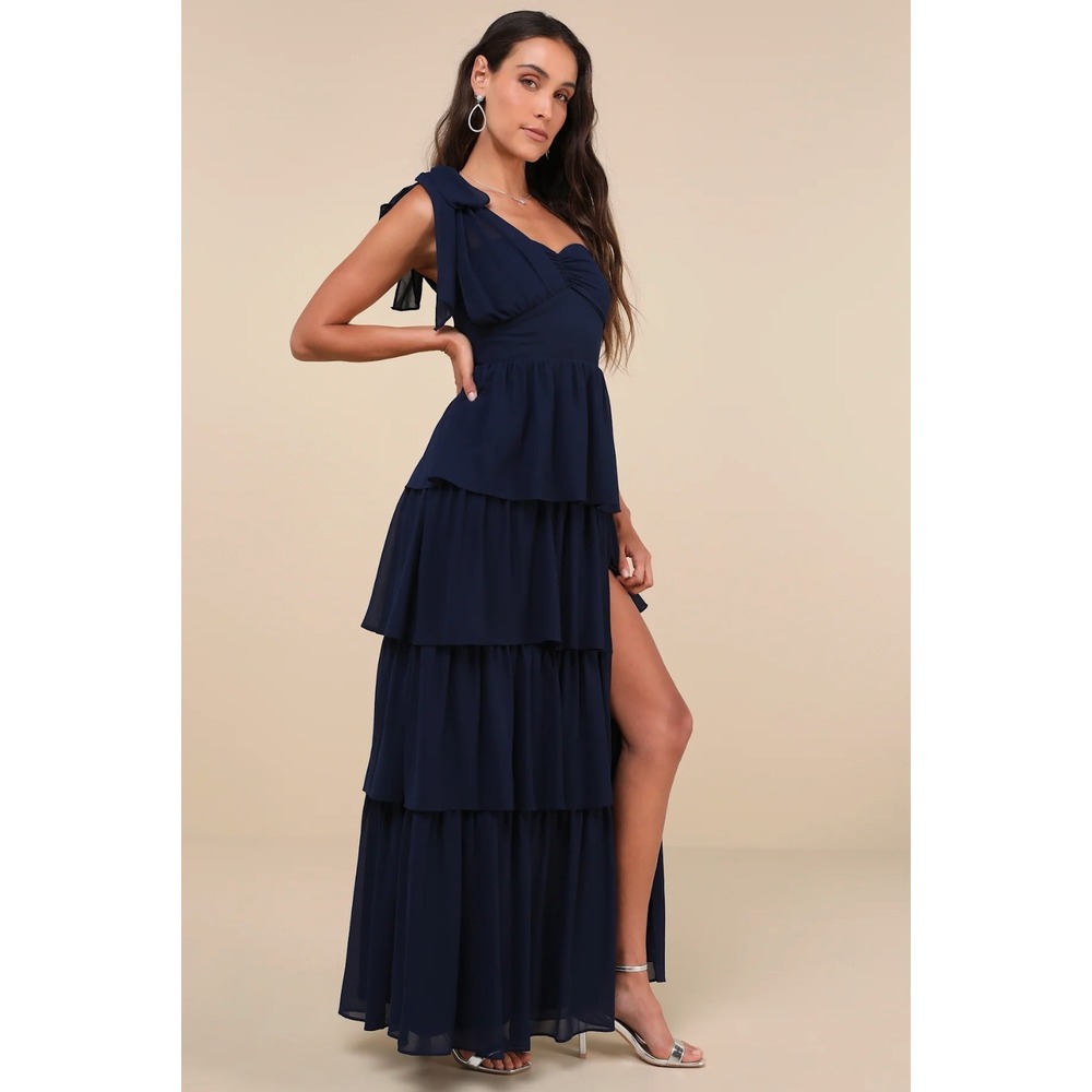 Lulus Womens Elevated Vision Navy Blue One-Shoulder Tiered Maxi Dress Size S‎